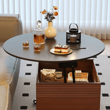 Multifunctional Black Slate Coffee Table - 19" Round Top, Solid Wood 4-Leg Base